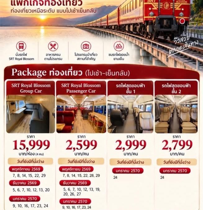 รฟท. เปิดจองทริปรถไฟลอยน้ำ เขื่อนป่าสักชลสิทธิ์ ฤดูกาล 2569–2570 เริ่ม 350 บาท