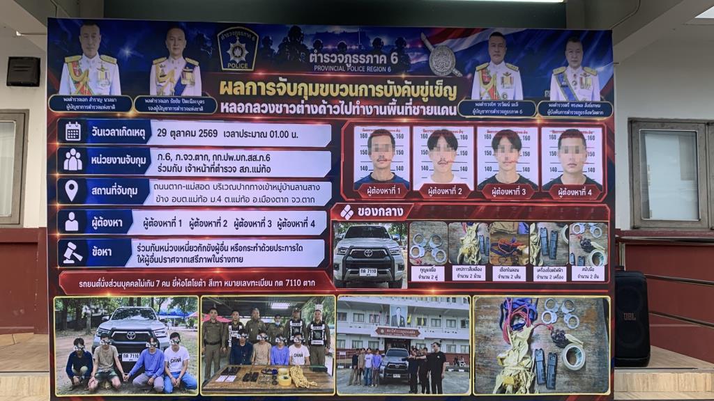 ตำรวจทางหลวงตากสกัดรถต้องสงสัย พบจีน 3 คนถูกมัดมือไพล่หลัง-ปิดตา คุมตัวคนไทย 4 ราย