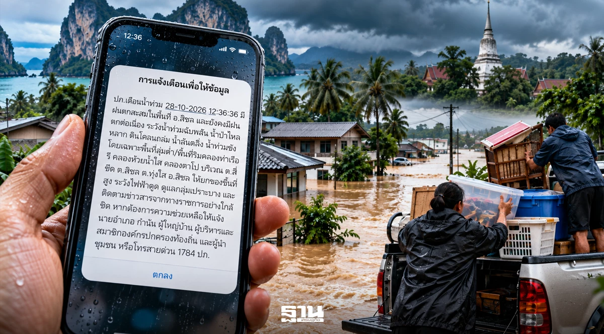 ปภ.ยิงข้อความ Cell Broadcast เตือนน้ำท่วมกระบี่ นครศรีธรรมราช ภูเก็ต ให้ยกของขึ้นที่สูง