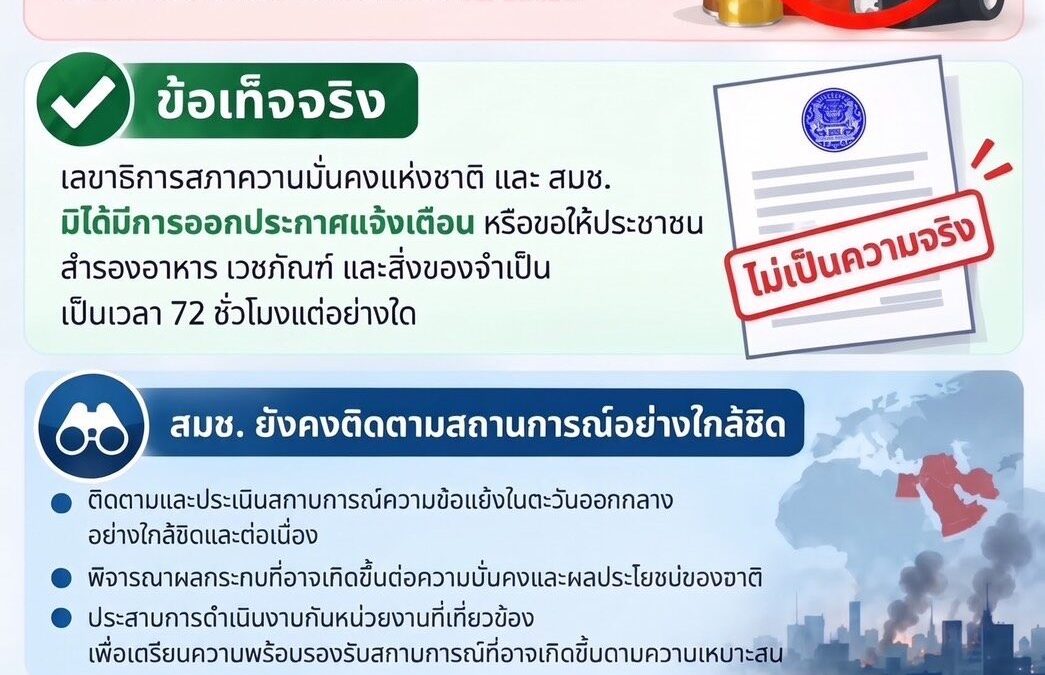สมช. ปฏิเสธข่าวสั่งกักตุนอาหาร-เวชภัณฑ์ 72 ชั่วโมง รับมือตะวันออกกลาง